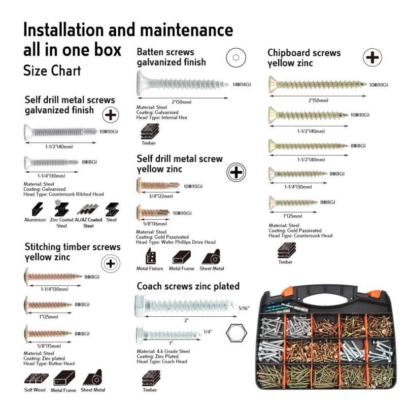 Screws Assortment Kit, 10 Types Popular Screws Set in 30 Size, Double-Sided Stor