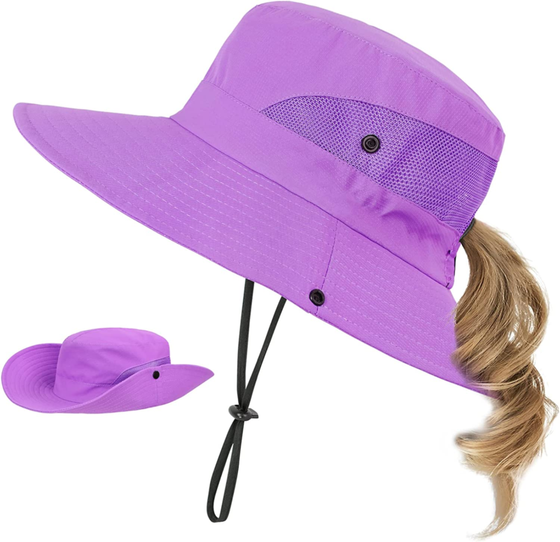 Kids Sun Hat with Ponytail Hole UV Protection Wide Brim