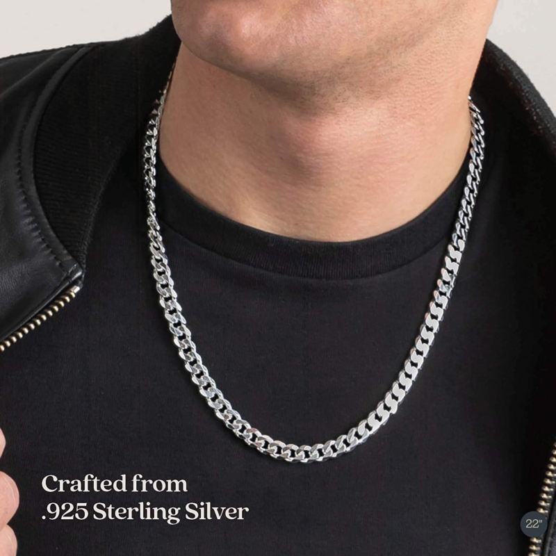 Sterling Silver 7.5Mm Curb Link Chain for Men or Women Made in Italy