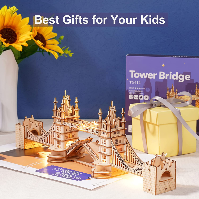 3D Puzzle for Adults, Wooden Tower Bridge Craft Kit with LED