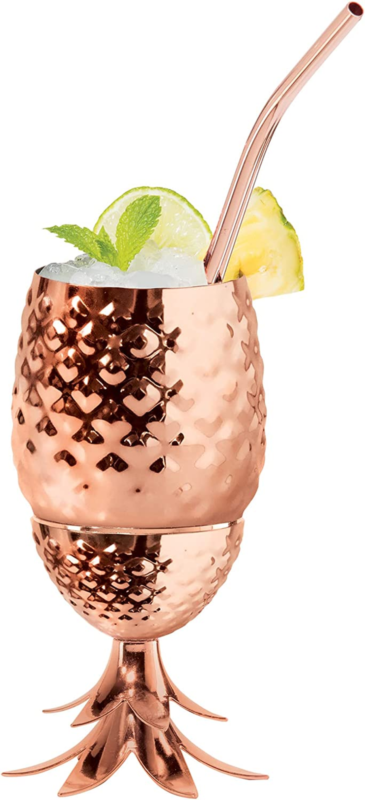 Stainless Steel Pineapple Cup with Straw & Lid- 12Oz Copper Plated Metal