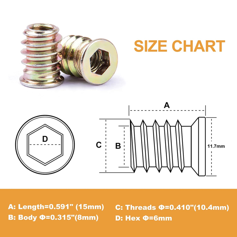 60PCS 1/4-20 Threaded Insert for Wood Screws in Nut 15Mm