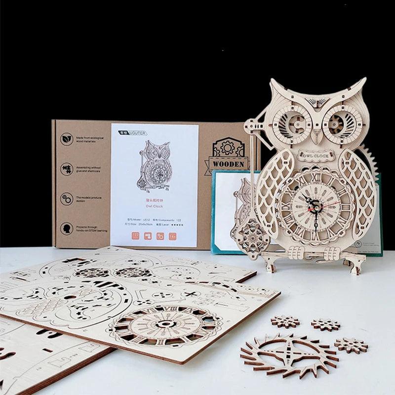 3D DIY Owl Pendulum Vintage Wooden Puzzle Jigsaw Clock