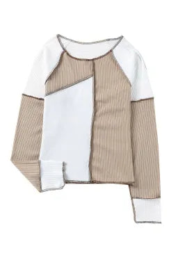 White & Tan Color Block Exposed Seam Long Sleeve Top
