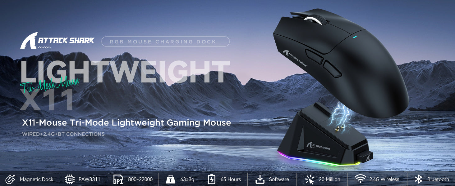 Attackshark X11 Wireless Gaming Mouse - High-Precision RGB, Ergonomic Design, and Customizable DPI for Gamers in Pakistan | Vortex Gears