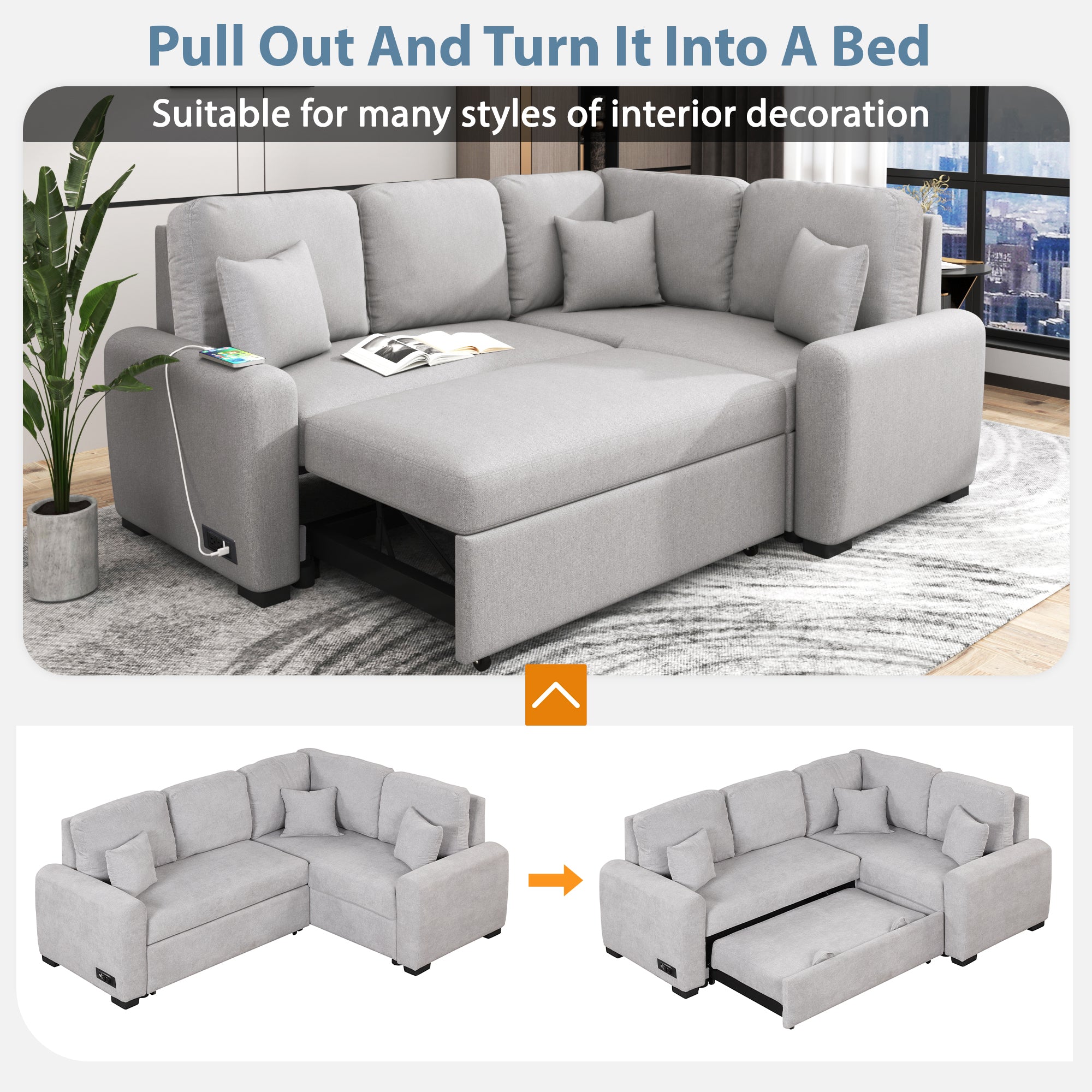Sectional Sleeper Sofa with USB Charging Port, Pull-Out Bed, 3 Pillows, L-Shape Chaise