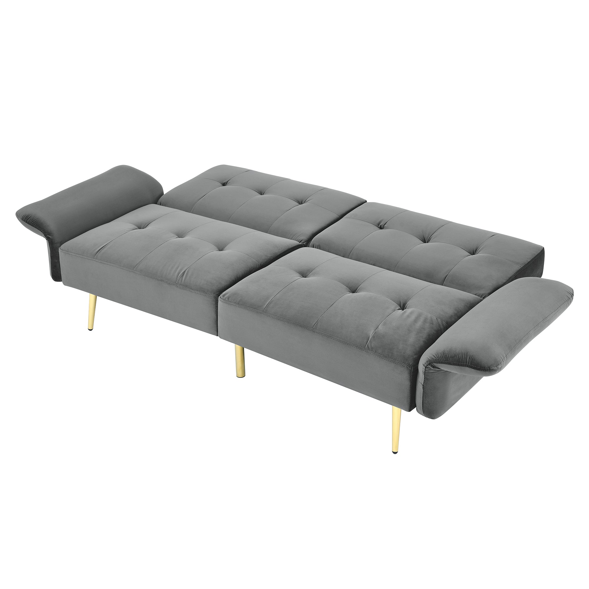 Italian Velvet Futon Sofa Bed, Convertible Sleeper Loveseat, Armrests, Storage Bags, Green Grey