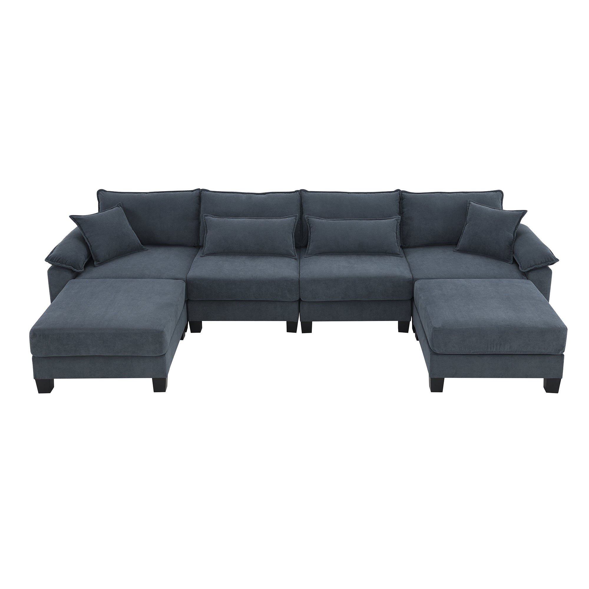 Corduroy U-Shaped Sectional Sofa, Modular, 6-Seat, Armrest Bags, Cozy Indoor Furniture, Living Room