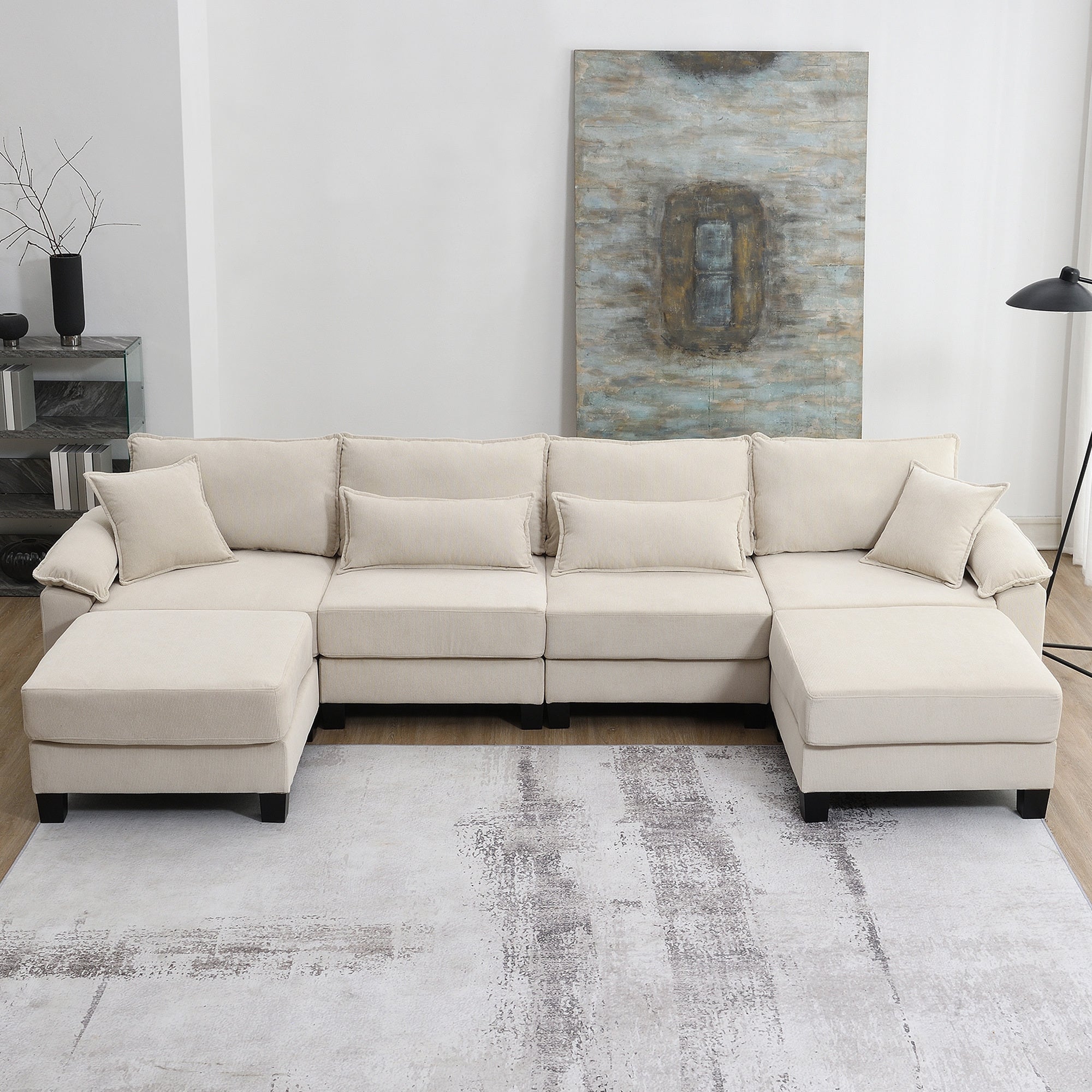 Corduroy U-Shaped Sectional Sofa, Modular, 6-Seat, Armrest Bags, Cozy Indoor Furniture, Living Room