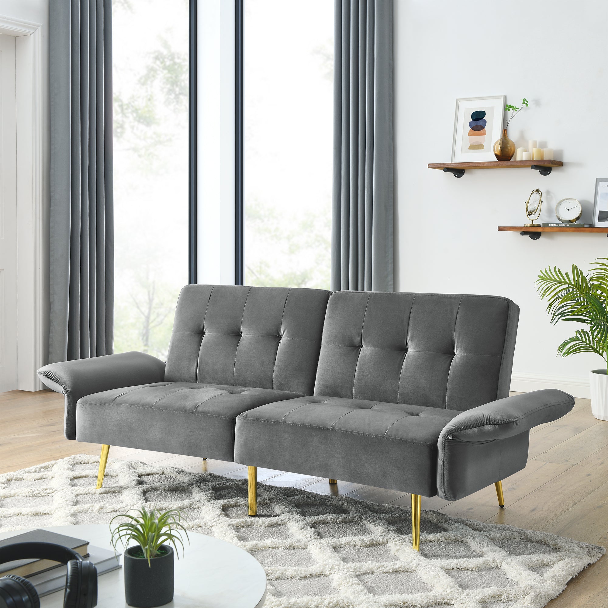 Italian Velvet Futon Sofa Bed, Convertible Sleeper Loveseat, Armrests, Storage Bags, Green Grey