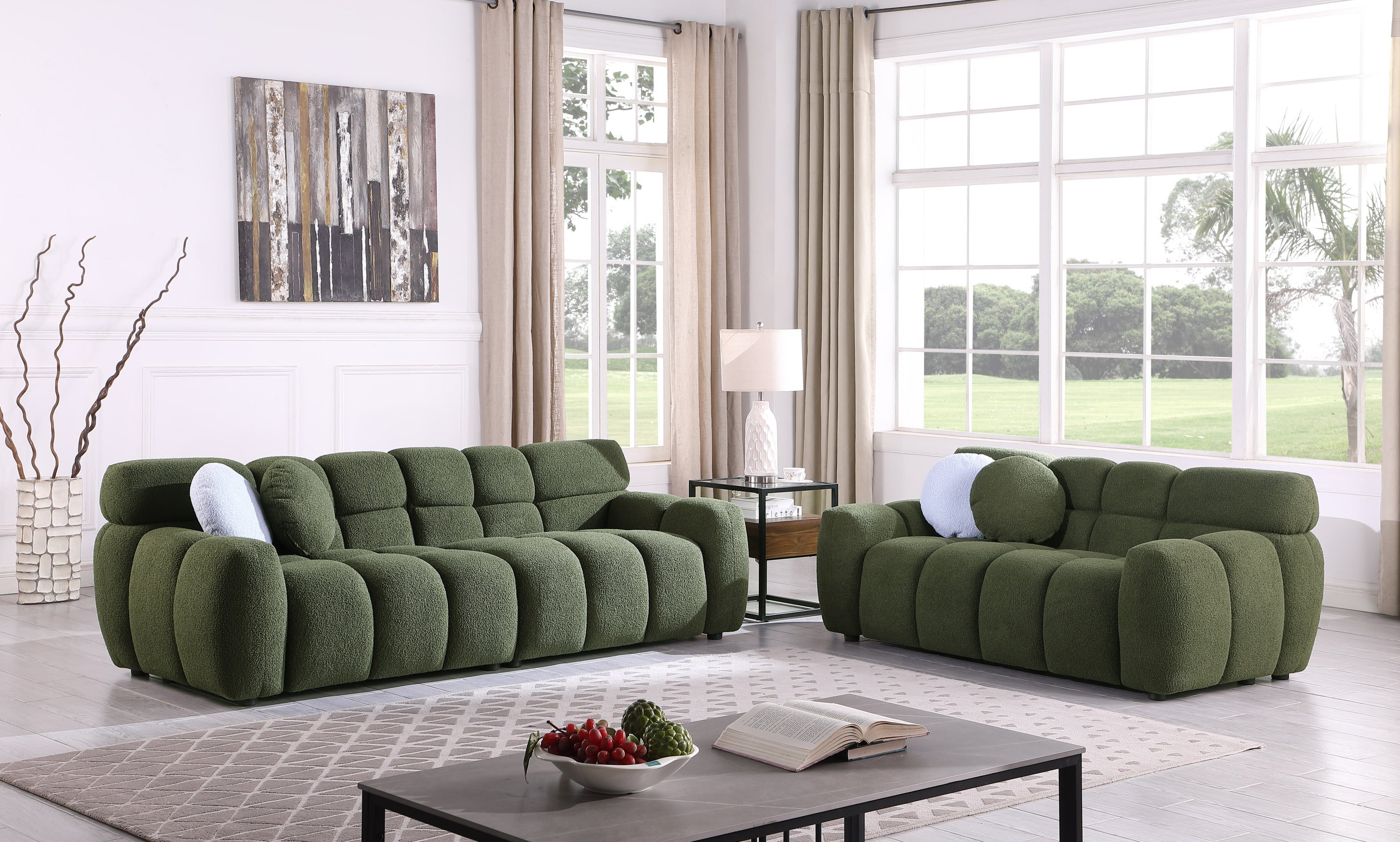 Marshmallow and Boucle Loveseat Sofas for USA Living, Olive Green