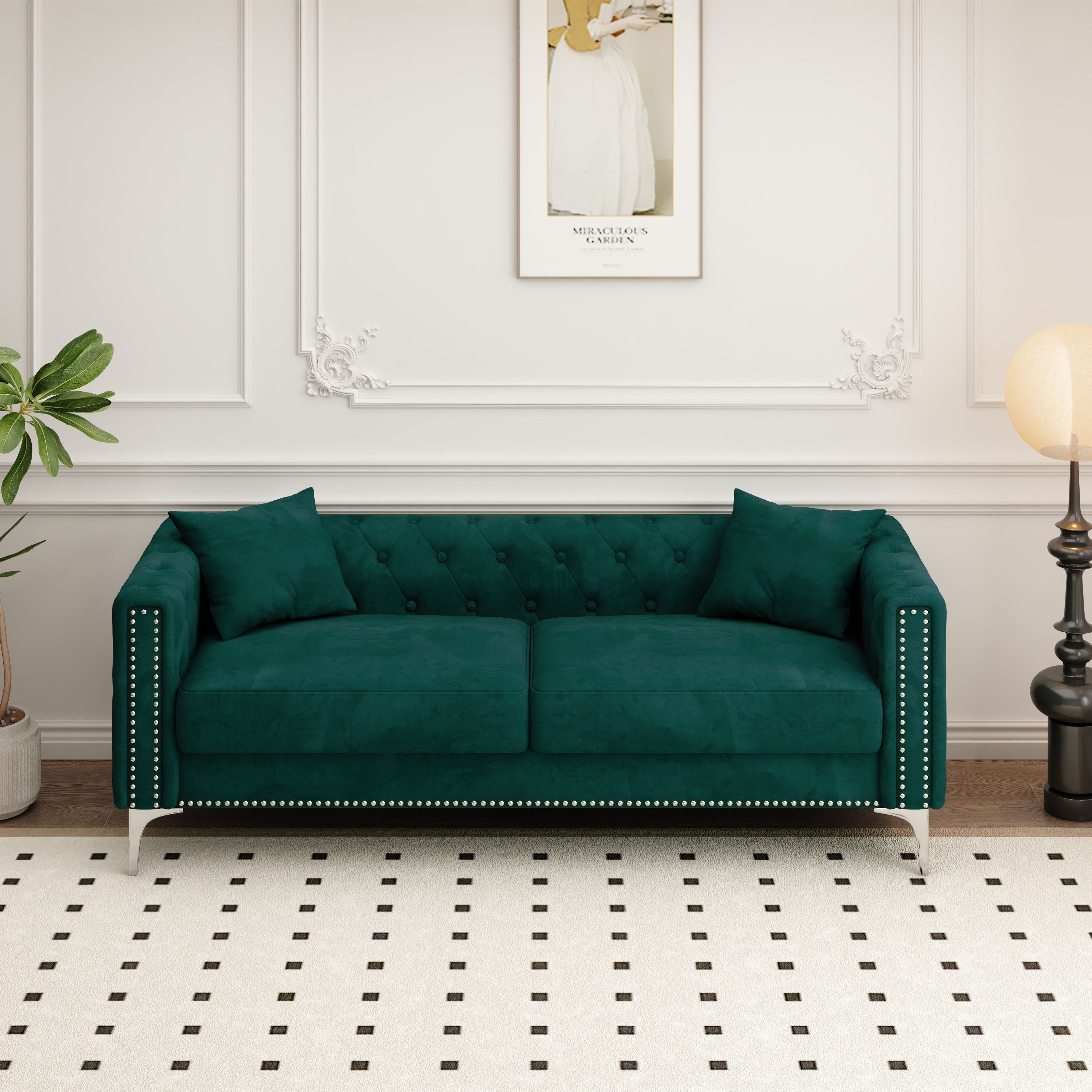 Sofa includes 2 pillows, green velvet triple sofa for small Spaces