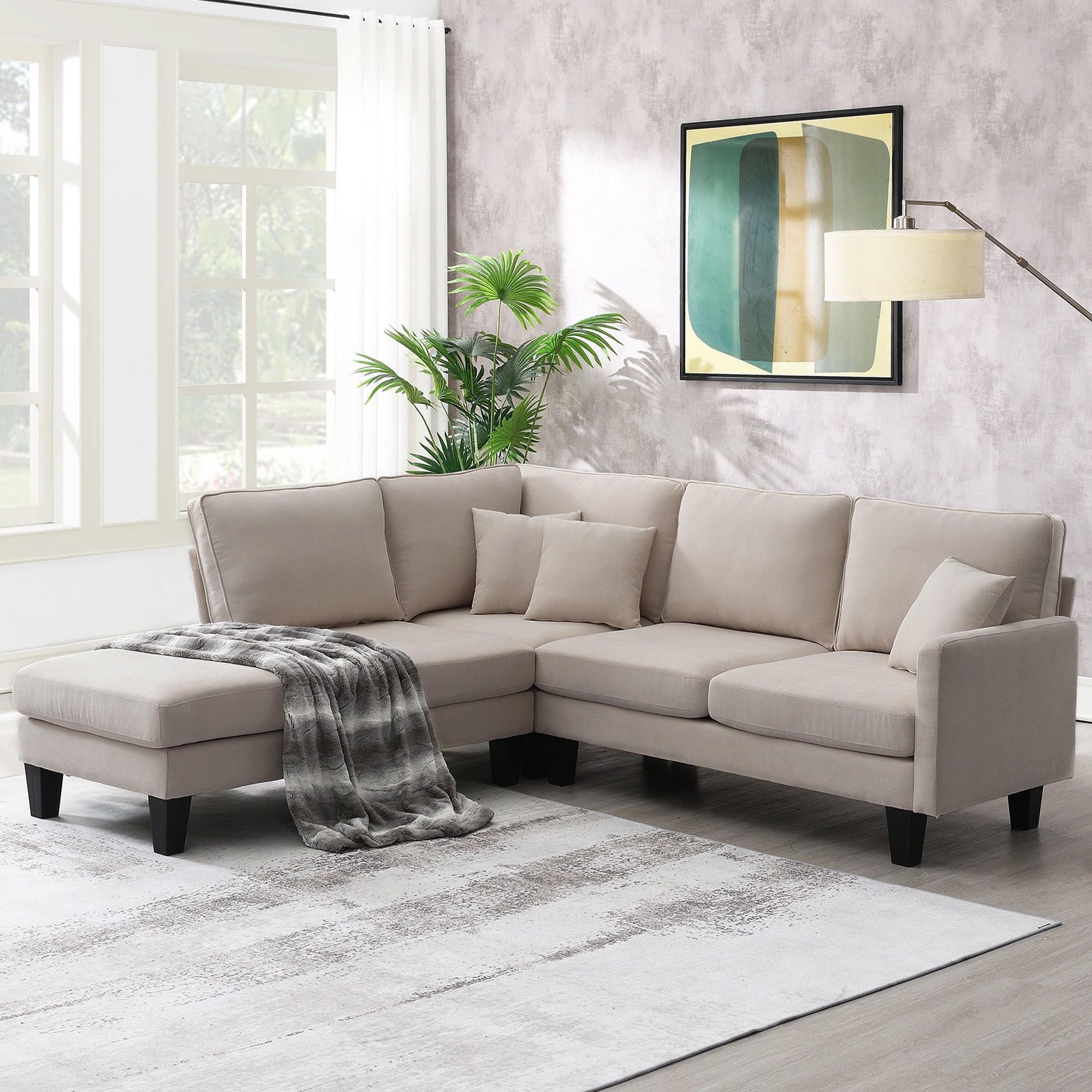 Terrycloth Sectional Sofa, 5-Seat Set, Chaise Lounge, L-Shape, Living Room, Beige