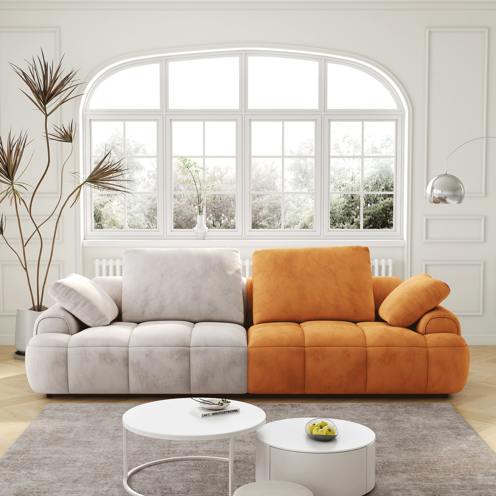 Large size two Seat Sofa, Modern Upholstered, Beige paired with yellow suede fabric
