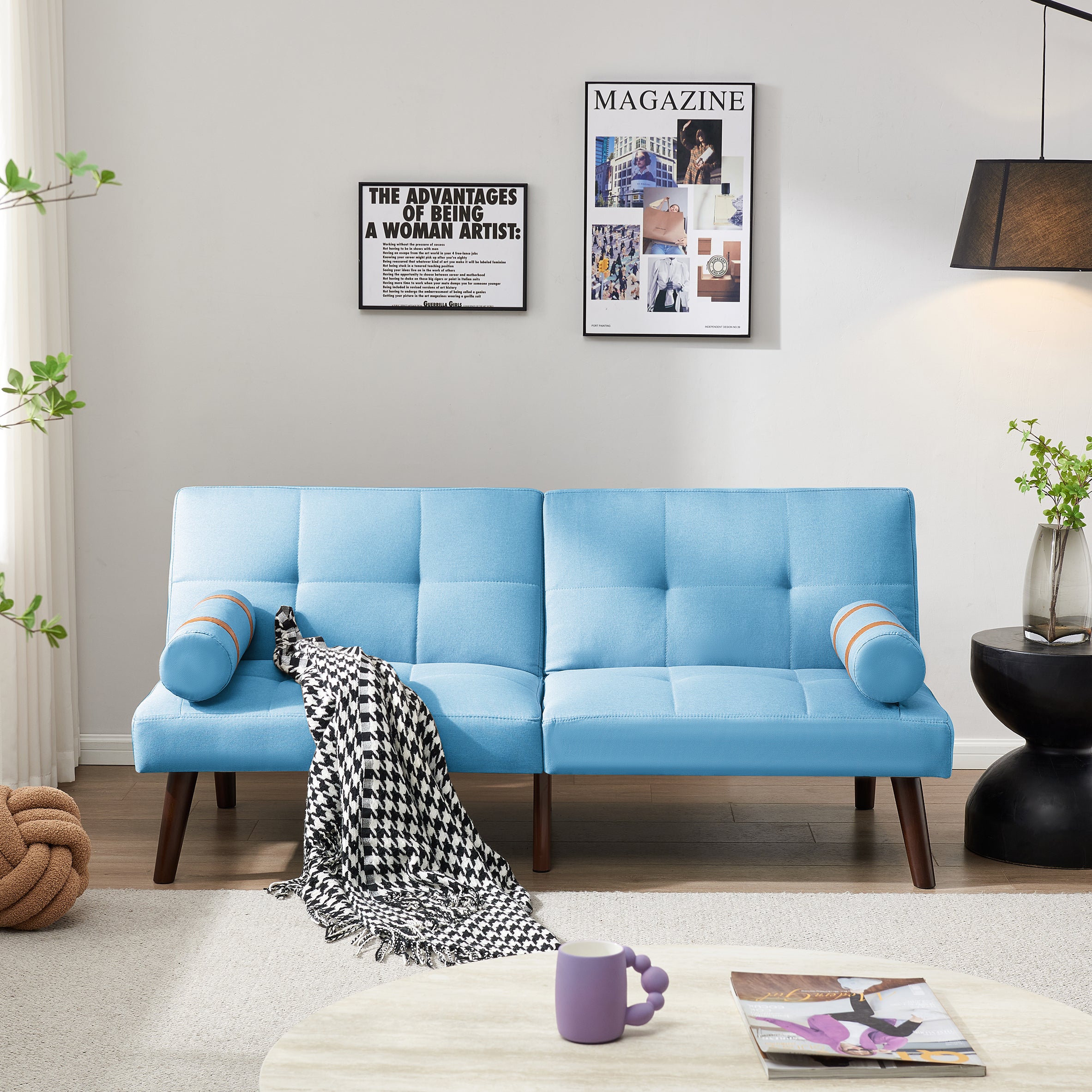 Convertible Sofa Bed Futon with Solid Wood Legs Linen Fabric Blue