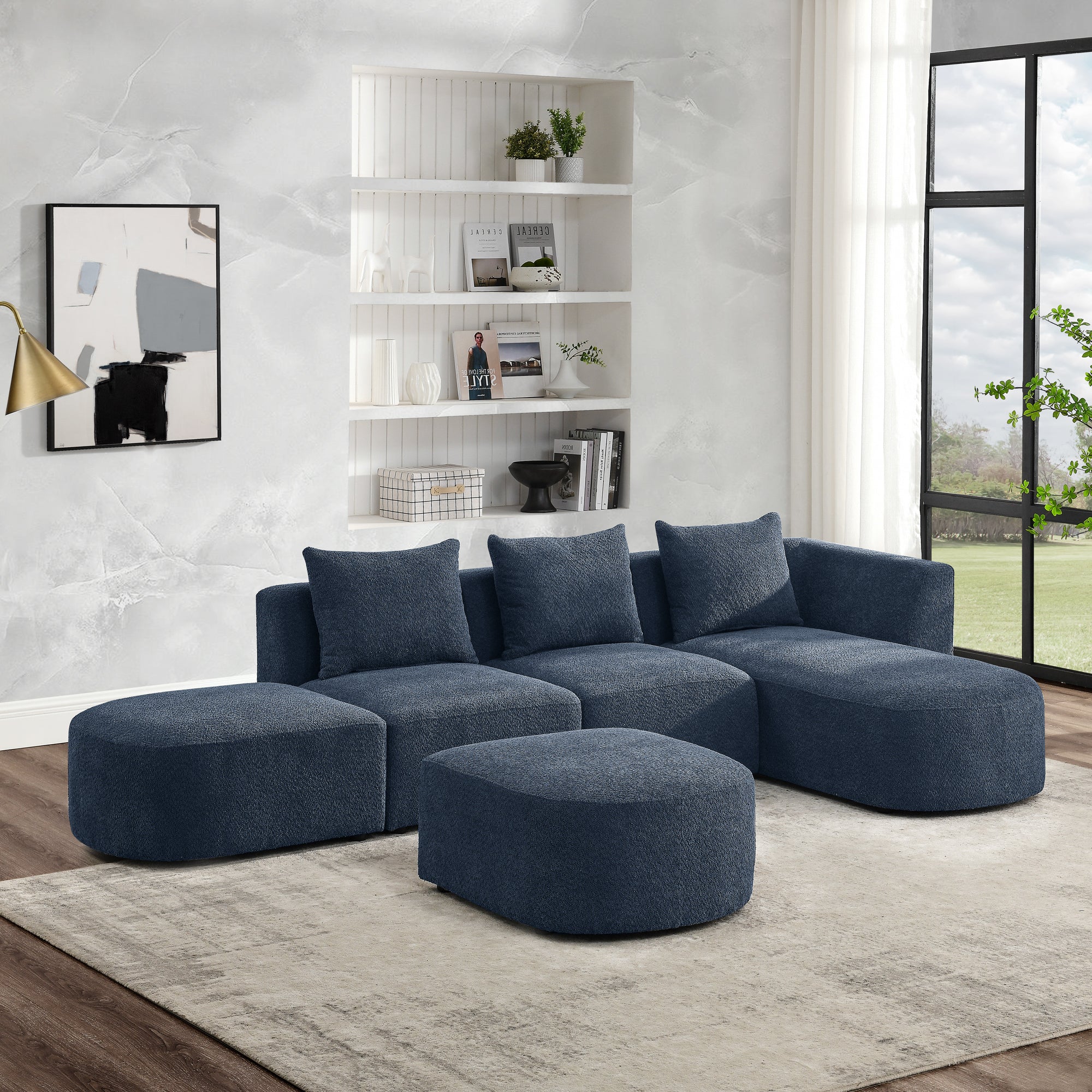 L-Shape Sectional Sofa, Right Chaise, Ottoman, Loop Yarn Fabric, Navy, Modular, DIY