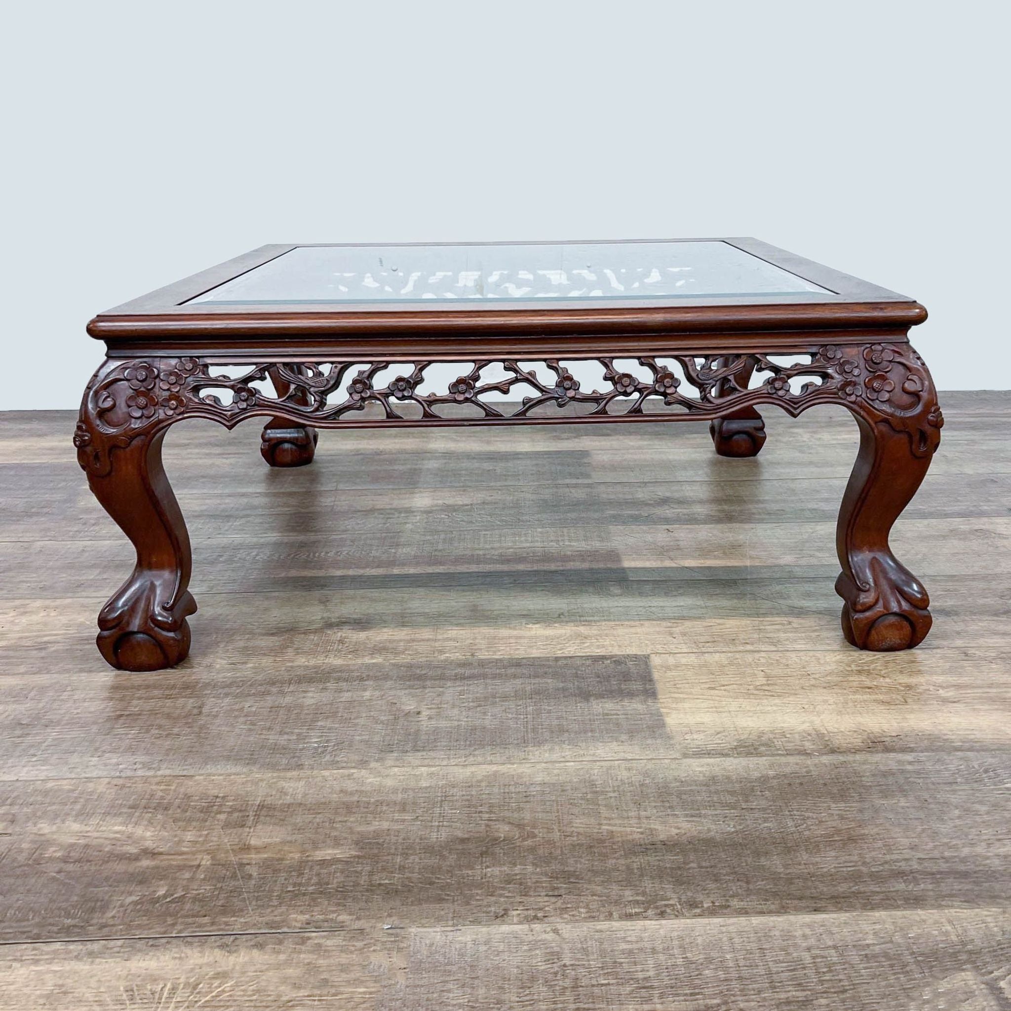 Glass Top Carved Coffee Table