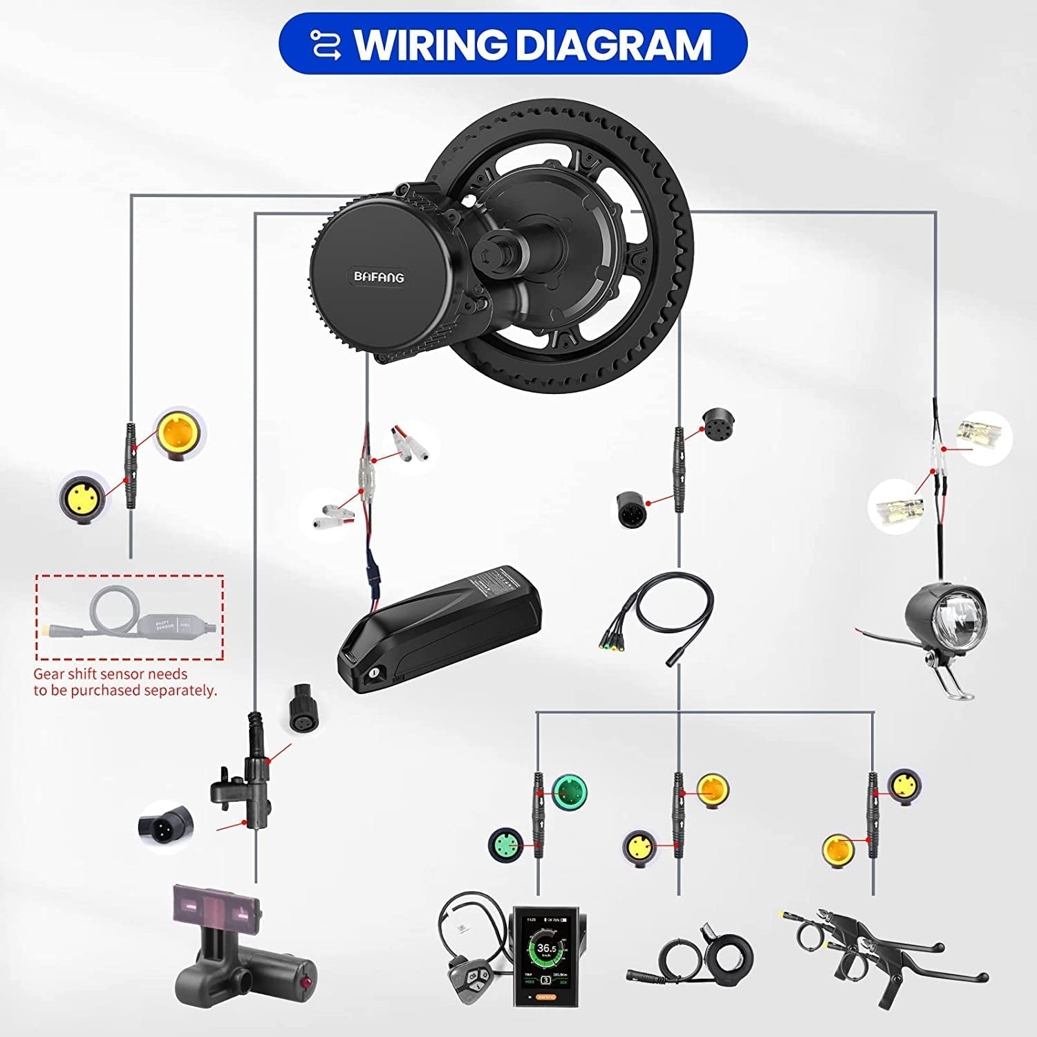 BBS02 48V 750W Bb100Mm Mid Drive Kit with Battery (Optional), 8Fun Bicycle Motor Kit with LCD Display & Chainring, Electric Brushless Bike Motor Motor