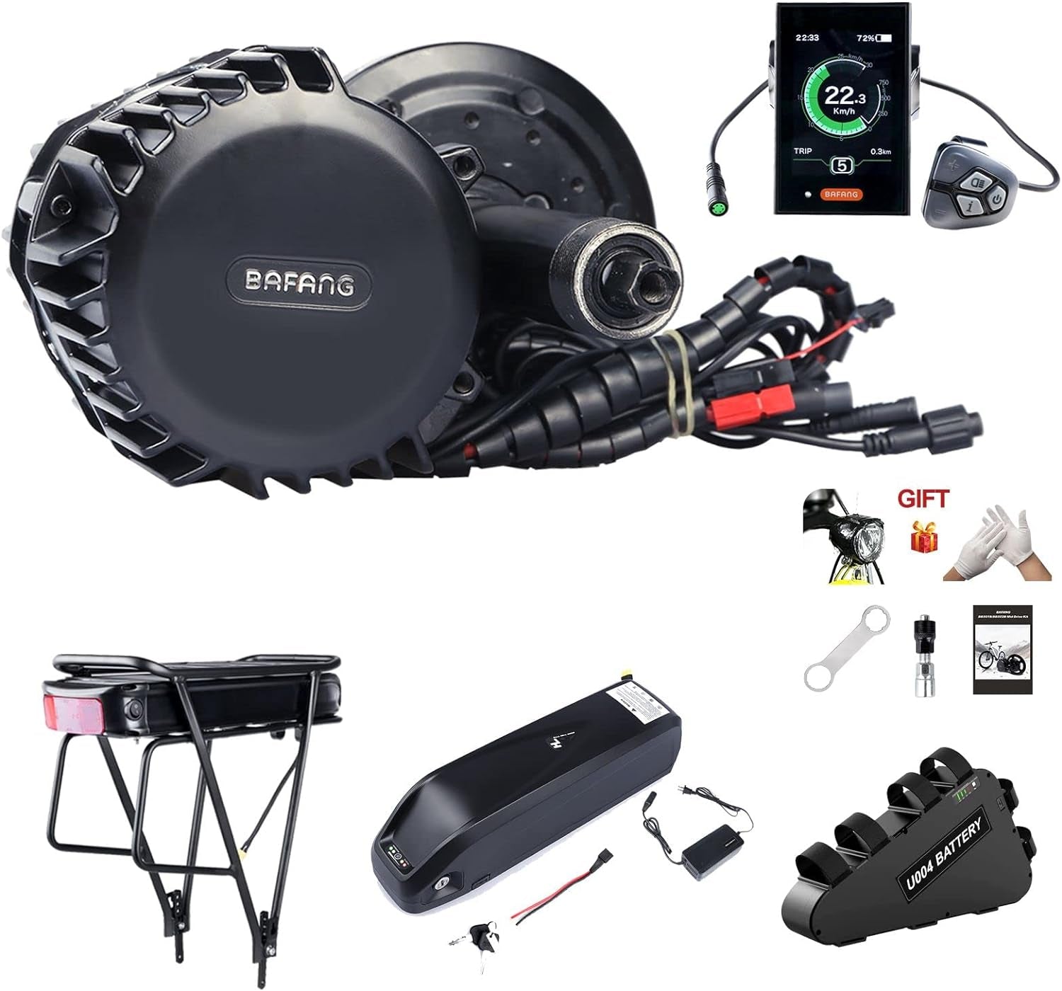 BBS02 48V 750W Bb100Mm Mid Drive Kit with Battery (Optional), 8Fun Bicycle Motor Kit with LCD Display & Chainring, Electric Brushless Bike Motor Motor