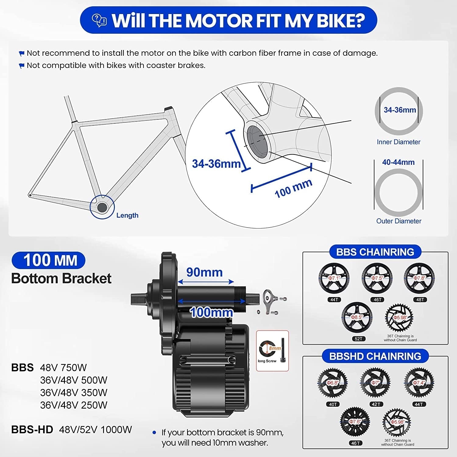 BBS02 48V 750W Bb100Mm Mid Drive Kit with Battery (Optional), 8Fun Bicycle Motor Kit with LCD Display & Chainring, Electric Brushless Bike Motor Motor