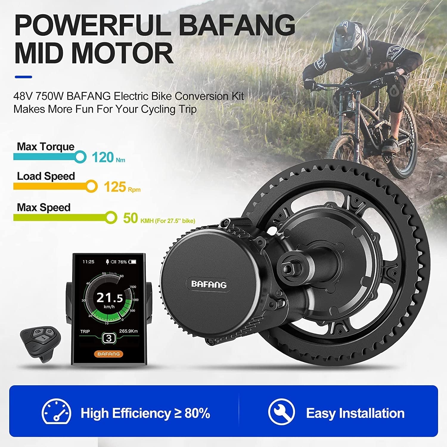 BBS02 48V 750W Bb100Mm Mid Drive Kit with Battery (Optional), 8Fun Bicycle Motor Kit with LCD Display & Chainring, Electric Brushless Bike Motor Motor