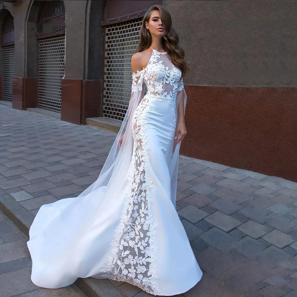 Graceful White Satin Halter Mermaid Wedding Dresses Appliques With Cape Illusion Tulle Sexy Bridal Gowns With Train Custom Made