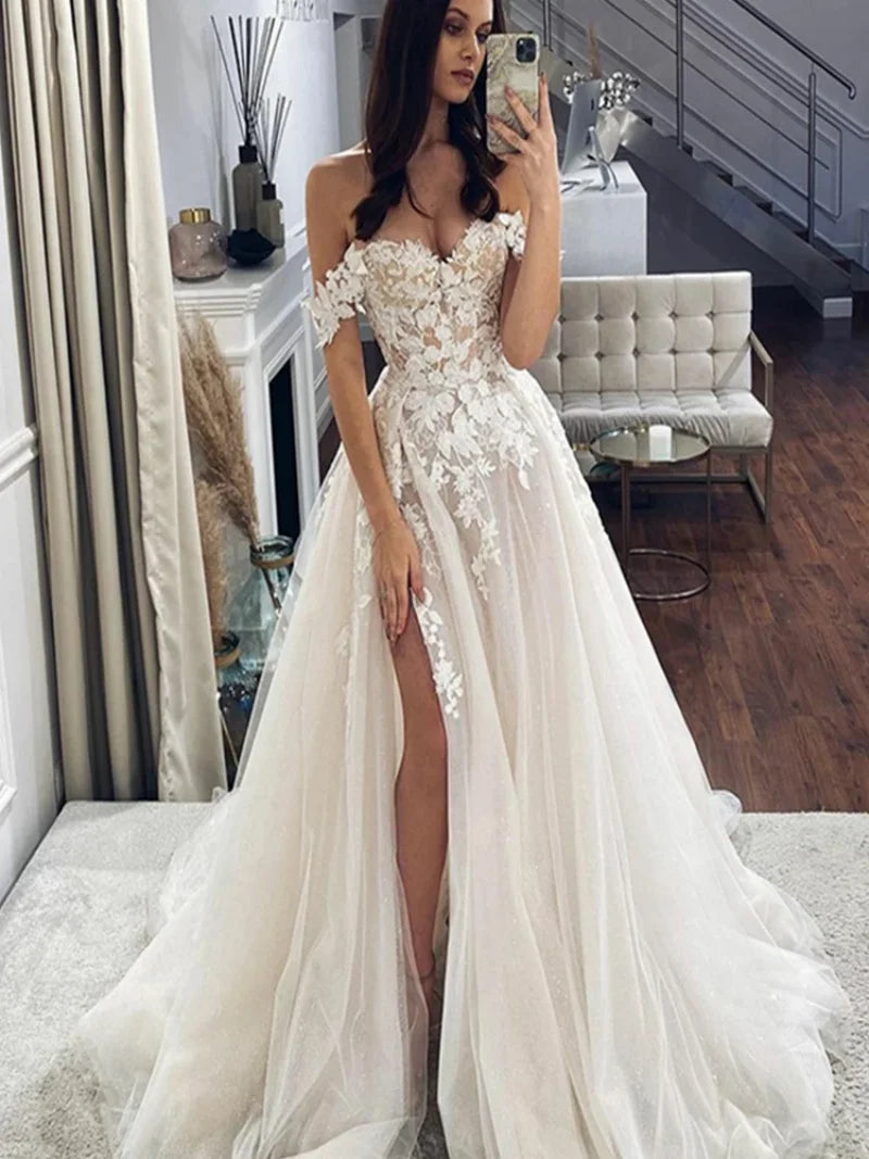 Sexy Lace Wedding Dresses Off The Shoulder Sweetheart Neck Bridal Gowns Side Split Vintage Applique Vestido De Novia 2024 Custom