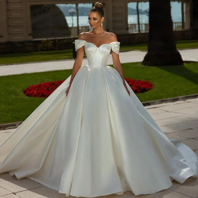 Charming Off The Shoulder Arabian Dubai Satin Wedding Dresses For Women A Line Sweep Train Bridal Gowns 2024 Vestido De Noiva