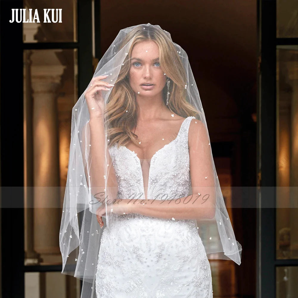 Julia Kui Romantic Deep V-Neck Trumpet Wedding Dress Beading Appliques Lace aghetti Straps 2 In 1 Bridal Gowns Removable Train