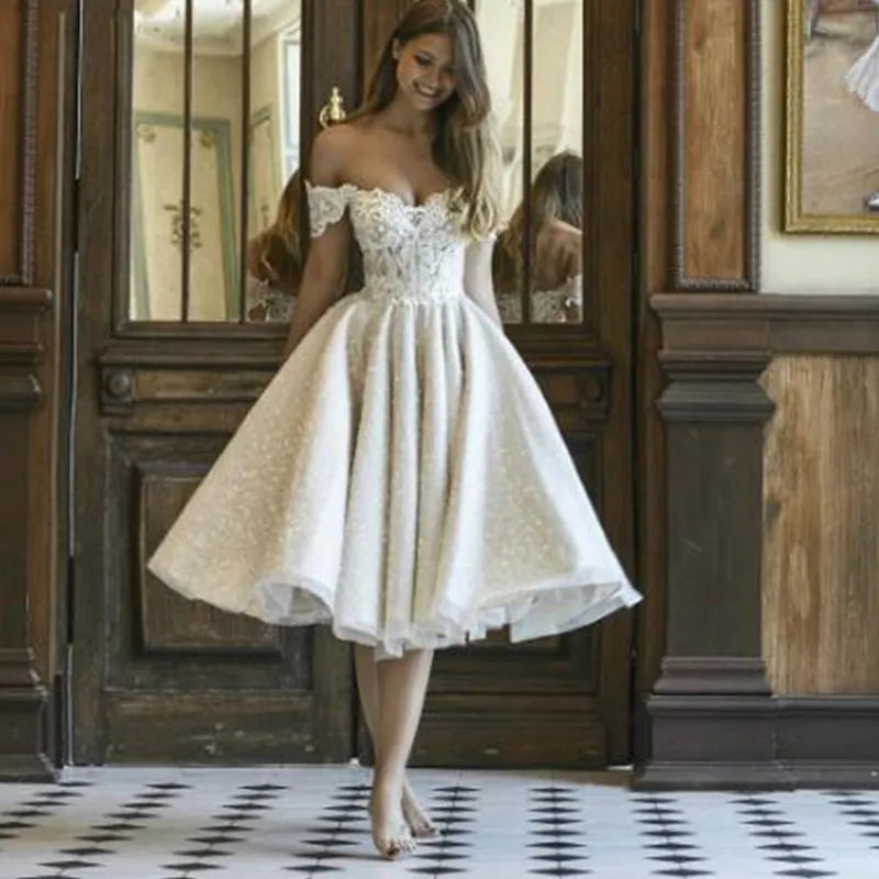 Summer Short Glitter Wedding Dresses  Tea-Length Off Shoulder Elegant Women  Bridel Gowns Lace Applique Shiny Princess Wedding