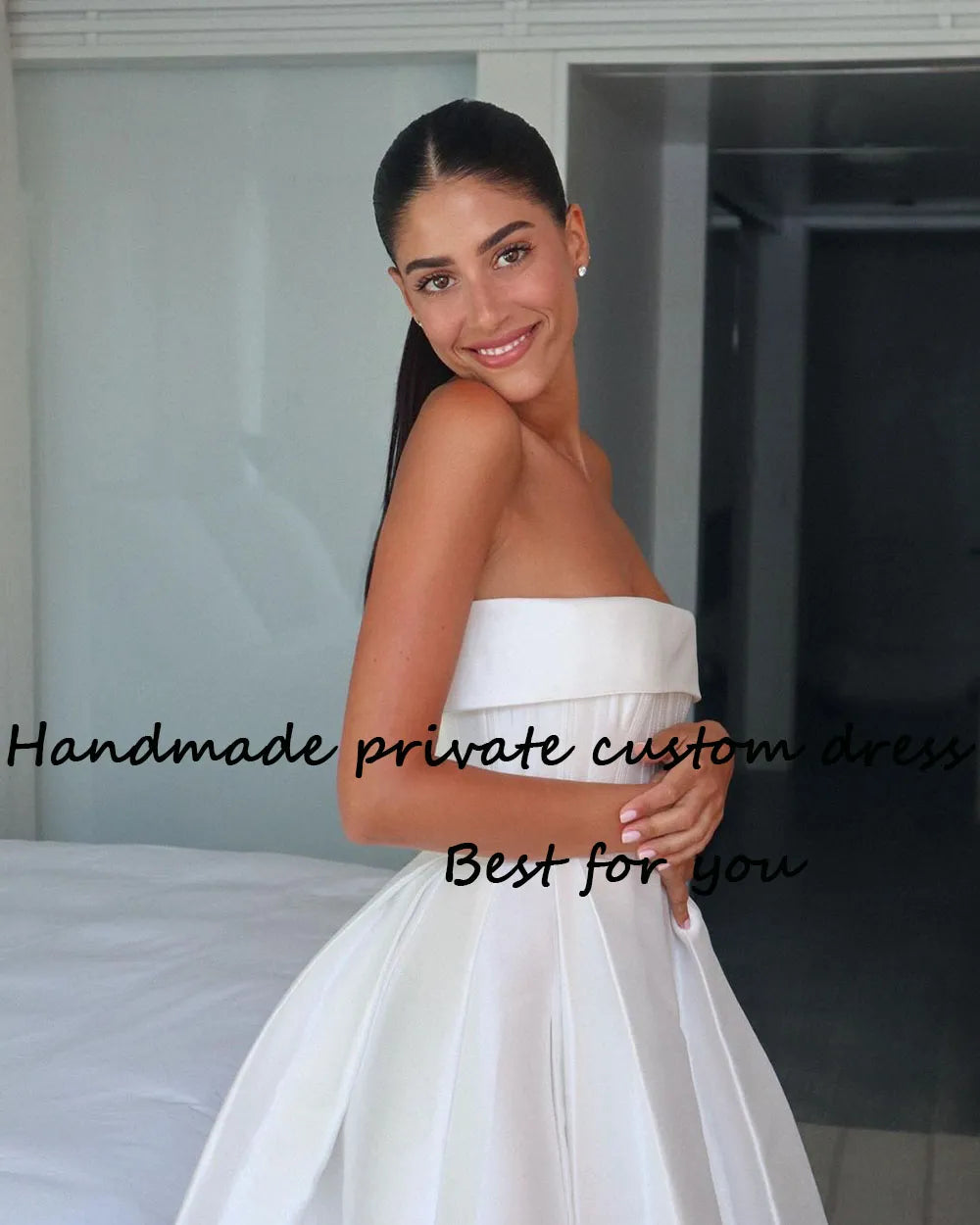 White Satin Strapless Wedding Party Dresses with Pockets A Line Short Ball Gowns Bride Dress Back Lace Up