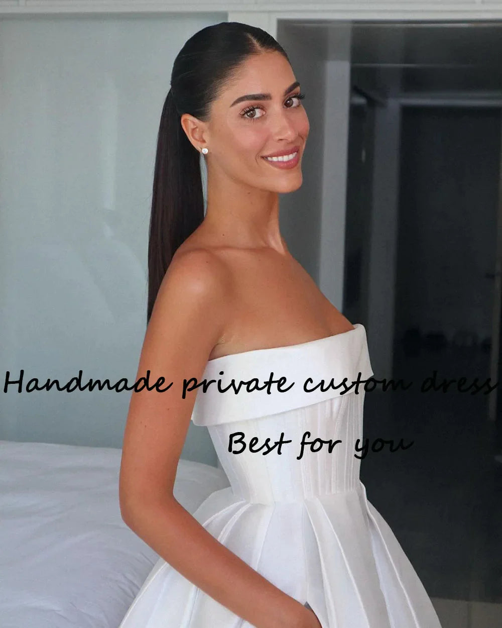 White Satin Strapless Wedding Party Dresses with Pockets A Line Short Ball Gowns Bride Dress Back Lace Up