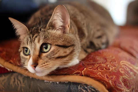 Un chat Munchkin s'allonge sur un oreiller et observe l'environnement.