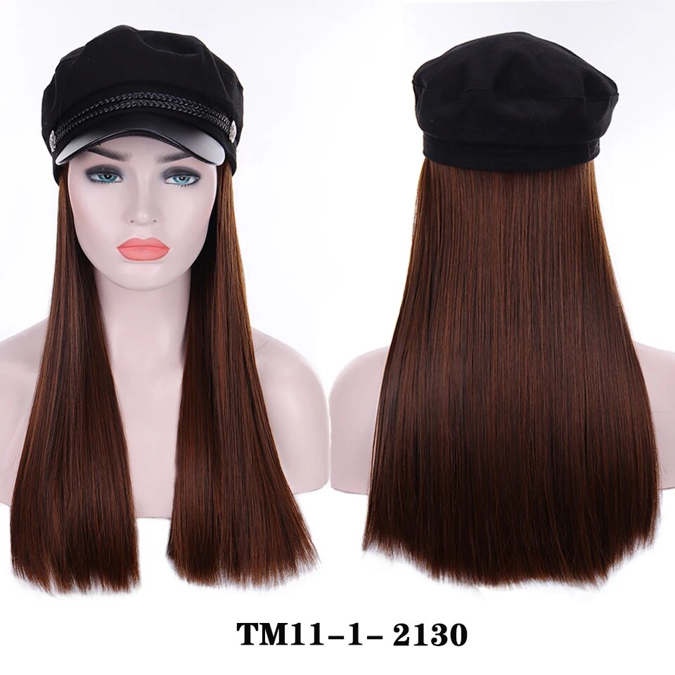 AILIADE Synthetic Long Straight Wavy Wigs with Beret Hat Navy Hat Knitted Hat Fashion Autumn Winter Cap Hair Wig Hair Extensions