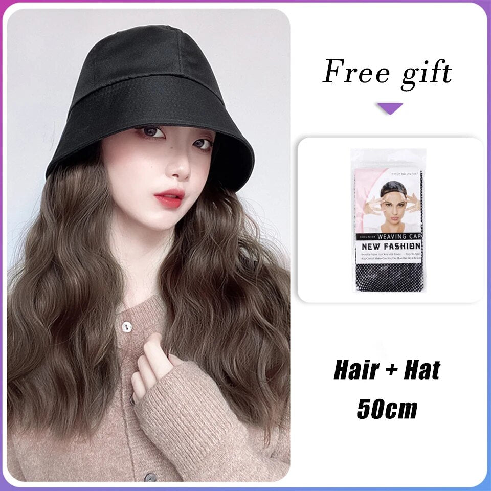 AILIADE Synthetic Long Straight Wavy Wigs with Beret Hat Navy Hat Knitted Hat Fashion Autumn Winter Cap Hair Wig Hair Extensions