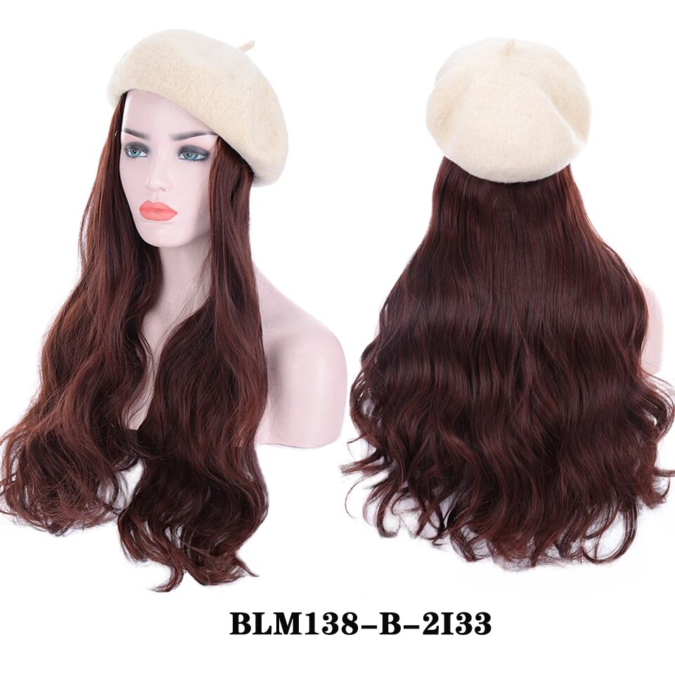 AILIADE Synthetic Long Straight Wavy Wigs with Beret Hat Navy Hat Knitted Hat Fashion Autumn Winter Cap Hair Wig Hair Extensions