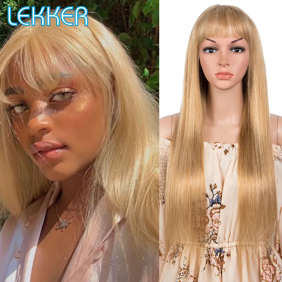 Lekker Highlight 613 Blonde Long Straight Human Hair Wig With Bangs For Women Brazilian Remy Hair Glueless Colored Brown Wigs