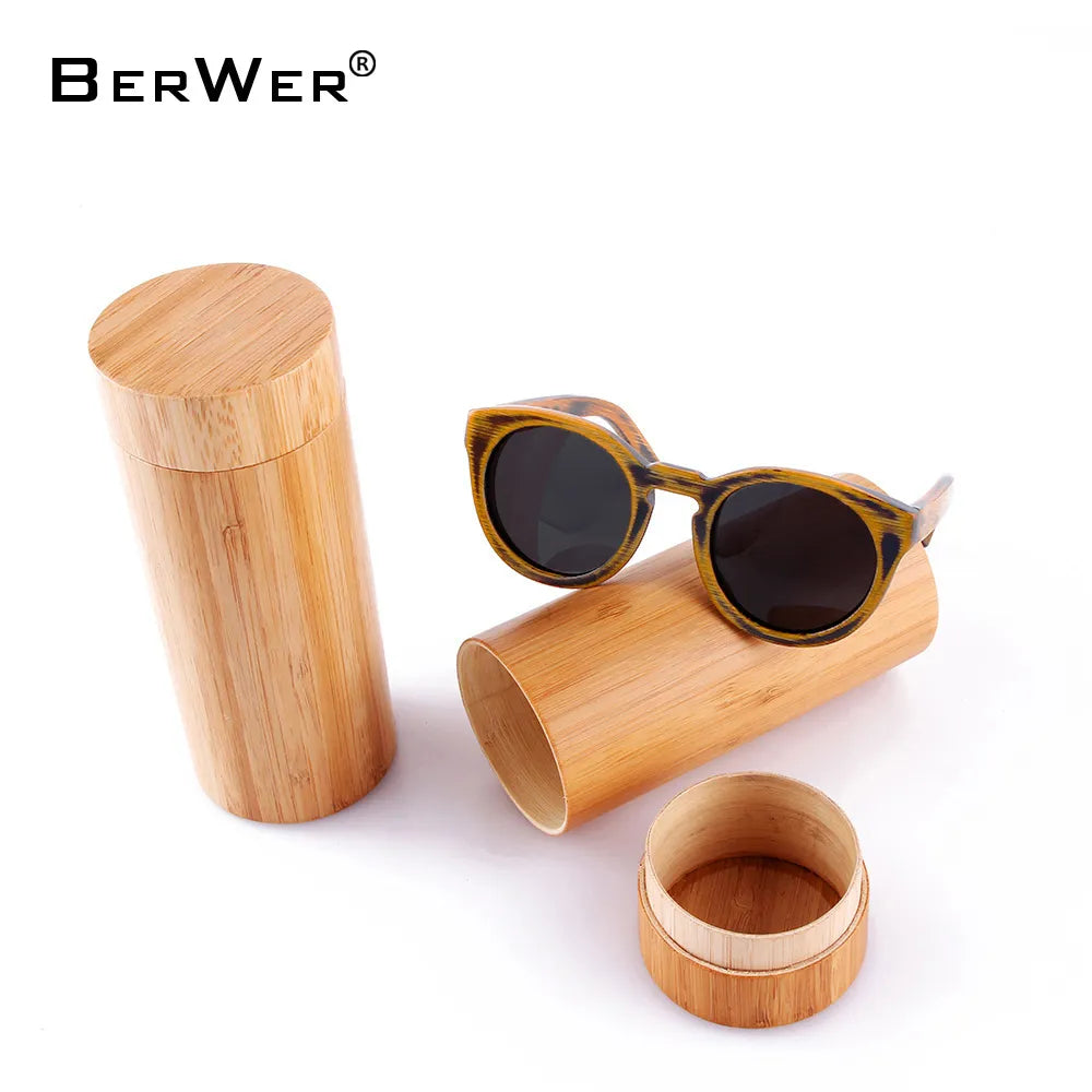 BerWer Round Frame Bamboo Sunglasses 2023 Fashion Wooden Sunglasses Men Women Sunglasses