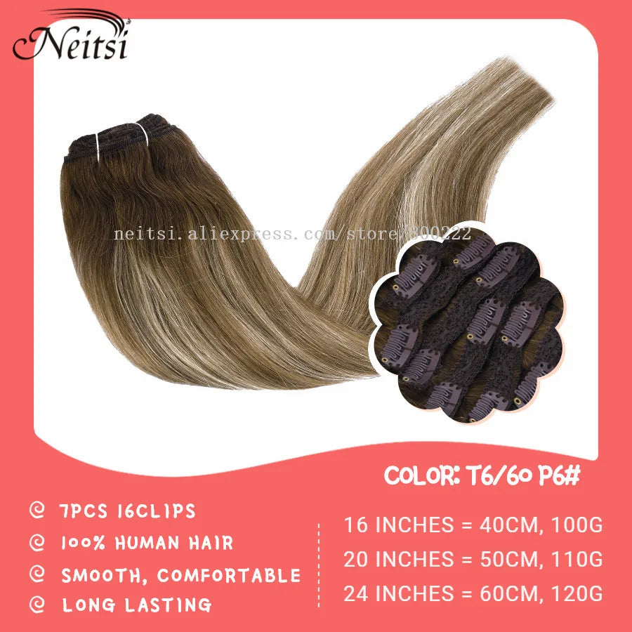 Neitsi Clip In Hair Extensions Full Head 100% Natural Straight Remy Human Hair 20