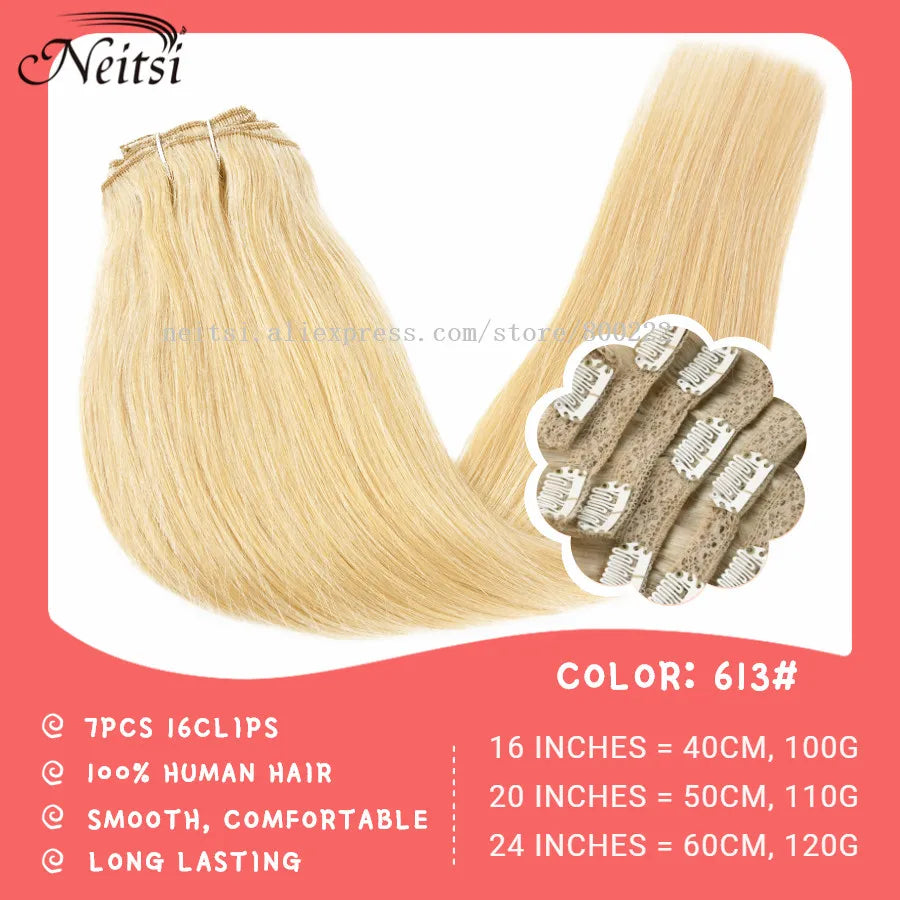 Neitsi Clip In Hair Extensions Full Head 100% Natural Straight Remy Human Hair 20