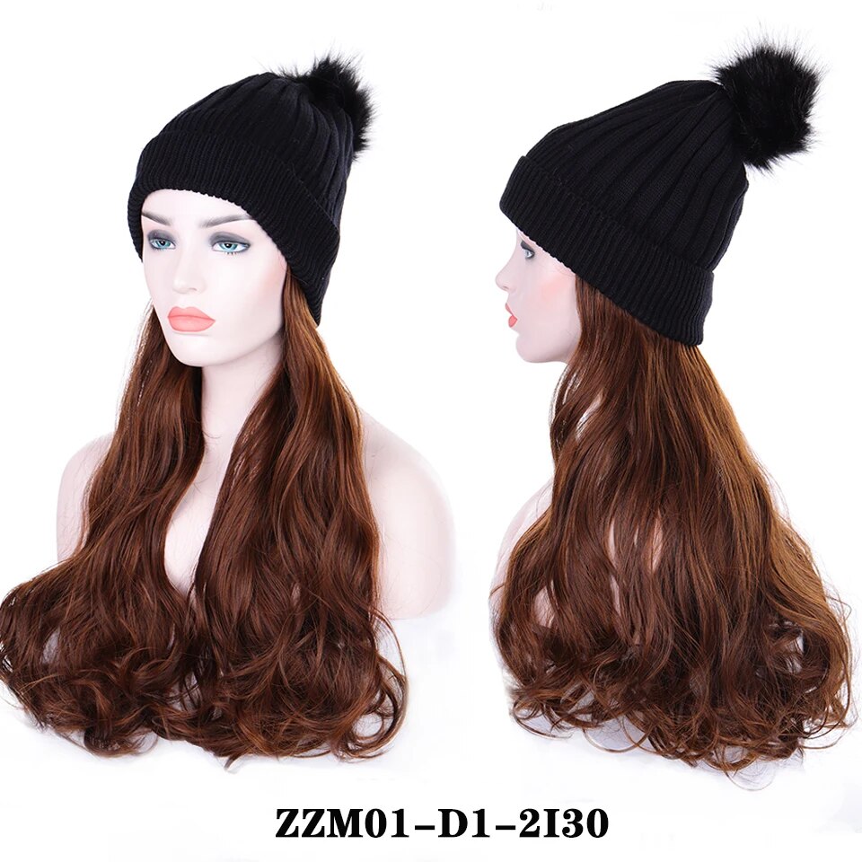 AILIADE Synthetic Long Straight Wavy Wigs with Beret Hat Navy Hat Knitted Hat Fashion Autumn Winter Cap Hair Wig Hair Extensions