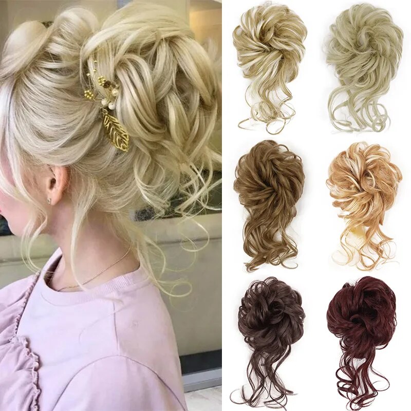 AZQUEEN Synthetic Messy Hair Bun Extension Elastic Band Scrunchy Natural Blonde Grey Curly Donut Chignon Hairpiece For Women