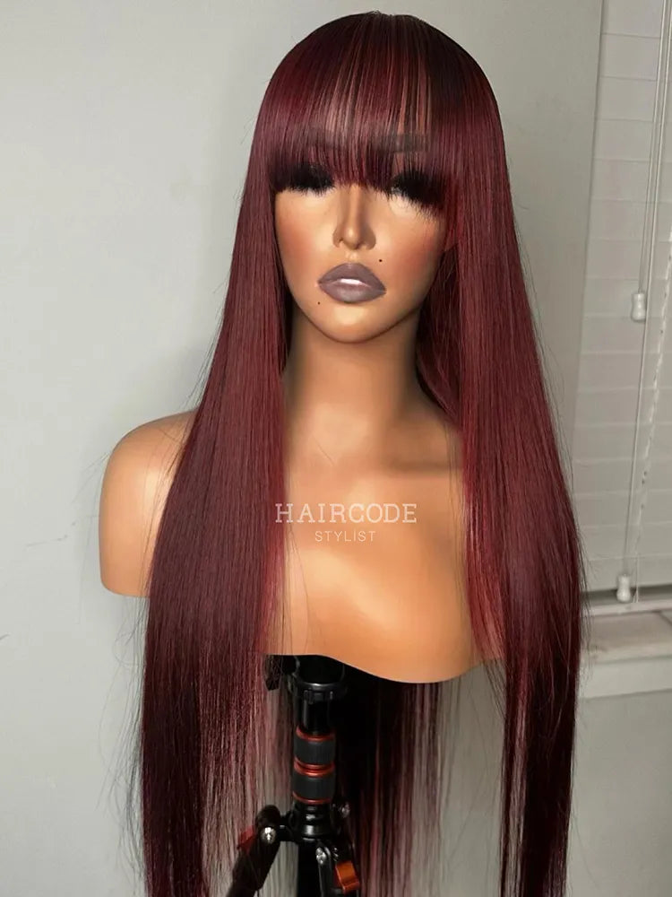 Straight Fringe Wigs 99J Dark Burgundy Human Hair Wig With Bangs Full Machine Made Colored Glueless wig human hair ready to wear
