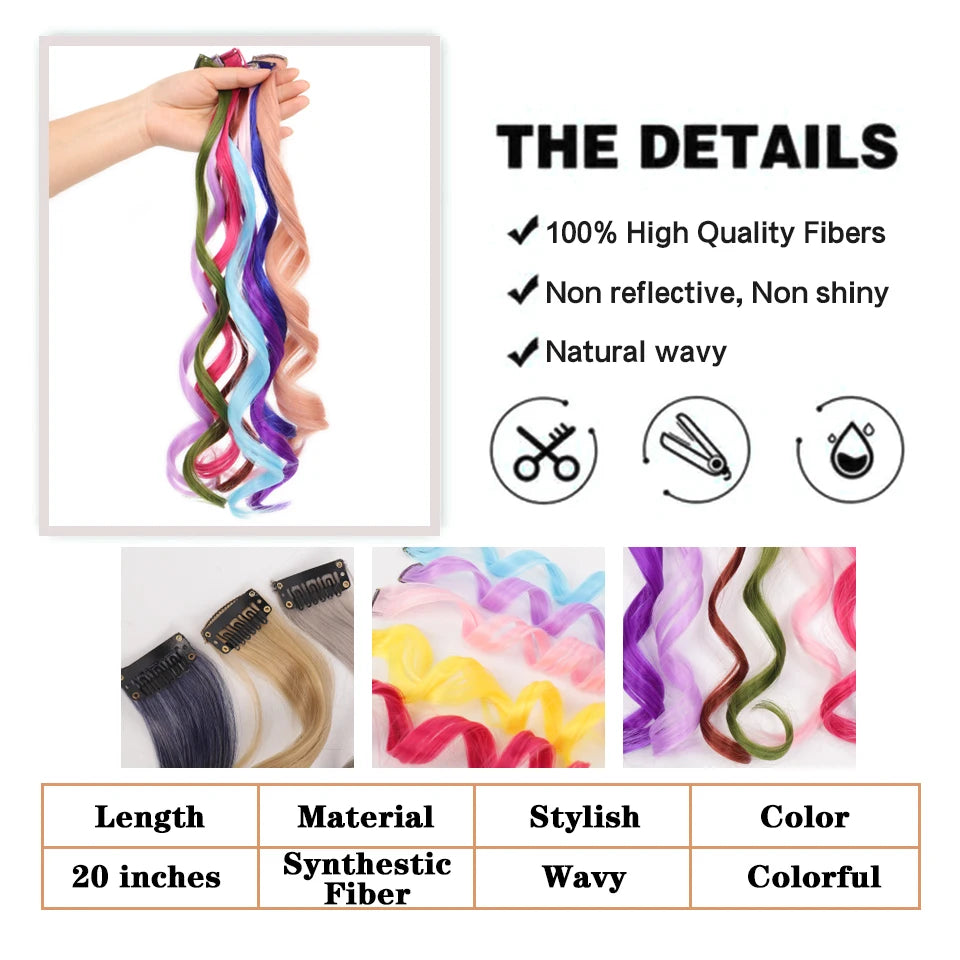 Colorful Hair Extensions Curly One Clip in Synthetic Long Hairpiece For Girls Women Kid Multi-colors Party Highlights Wig Piece