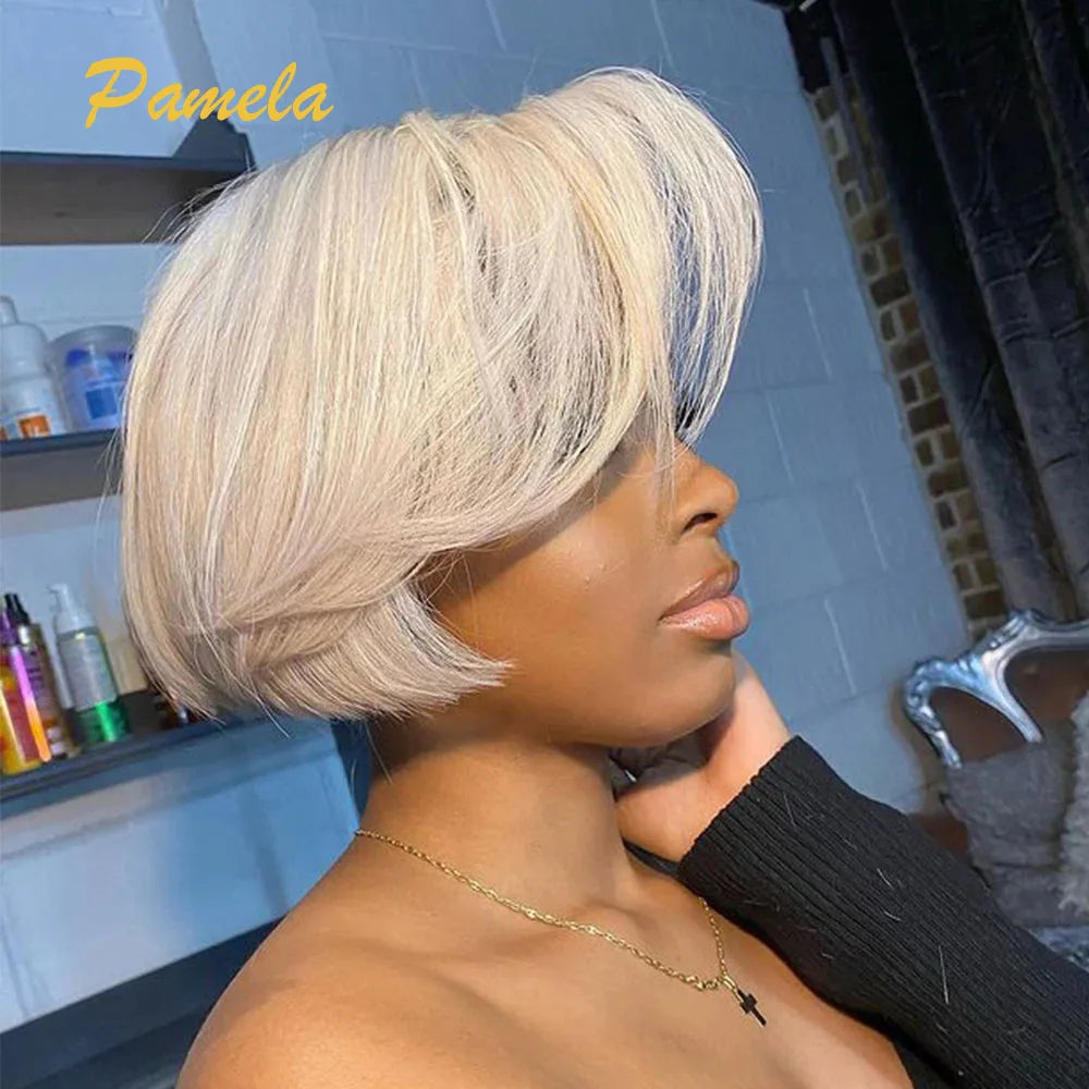 Pixie Cut Wig Brazilian 613 blonde Straight Side Part Wig 13x4 Short Bob HD Transparent Lace Front Human Hair Wig For Women