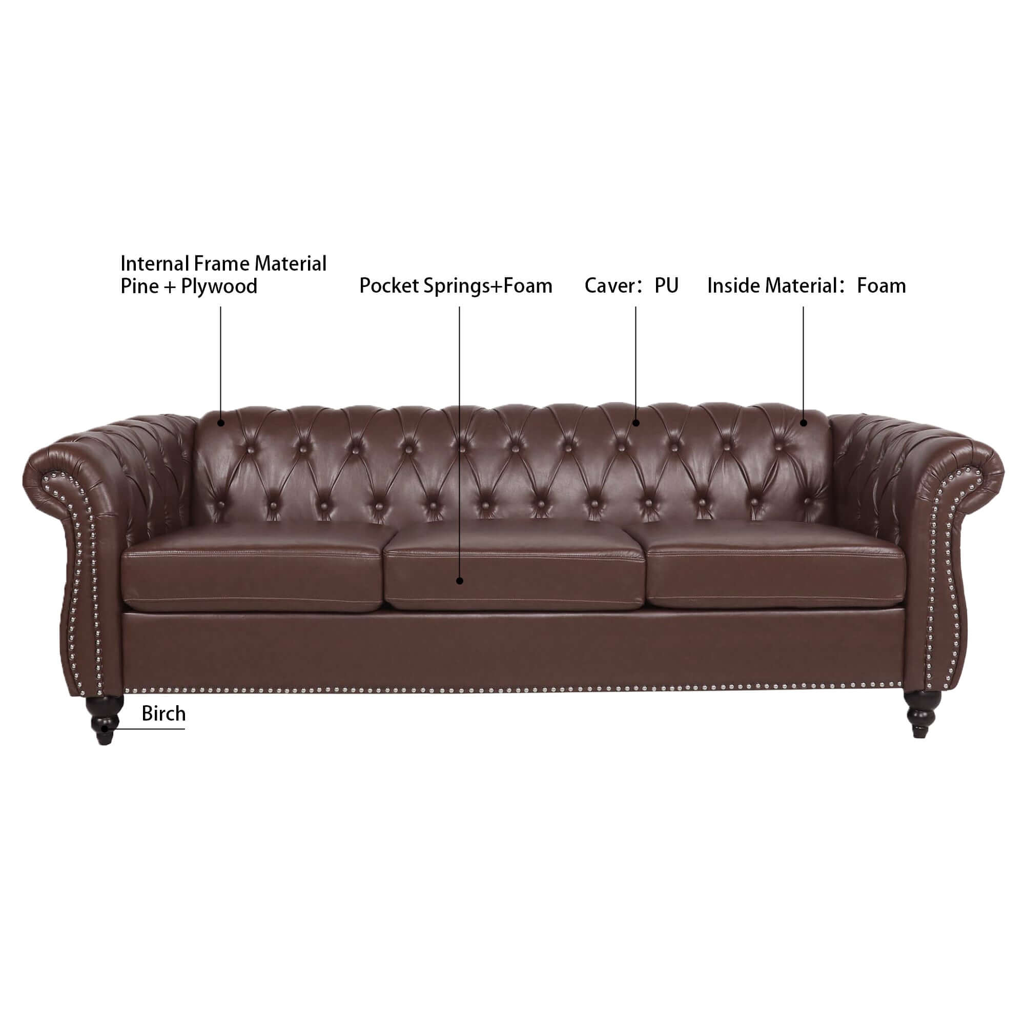 Dark Brown Chesterfield Sofa - Elegant PU Leather 84.65