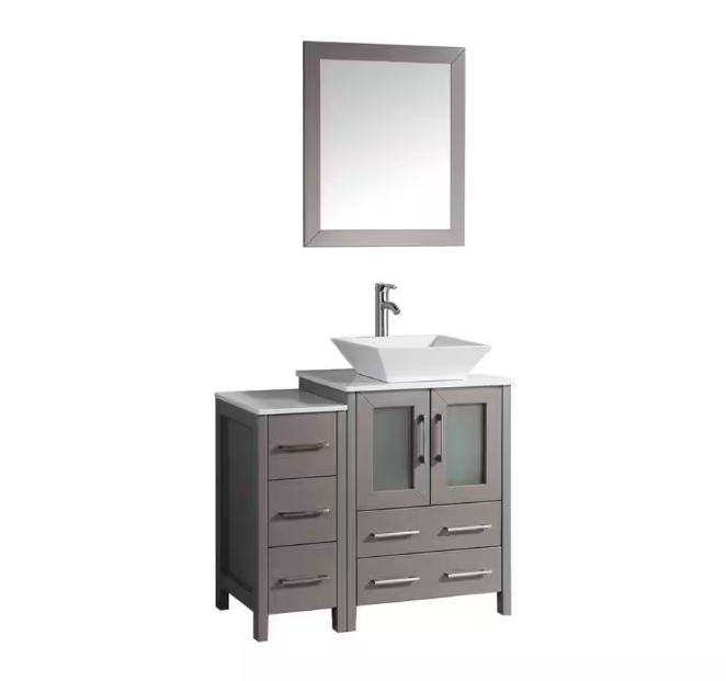 Ravenna 36 in. W Bathroom Vanity in Grey with Single Basin in White Engineered Marble Top and Mirror