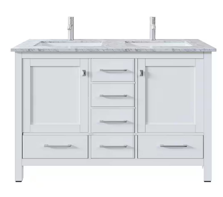 London 54 in. W x 18 in. D x 34 in. H Bathroom Vanity in White with White Carrara Marble Top with White Sink