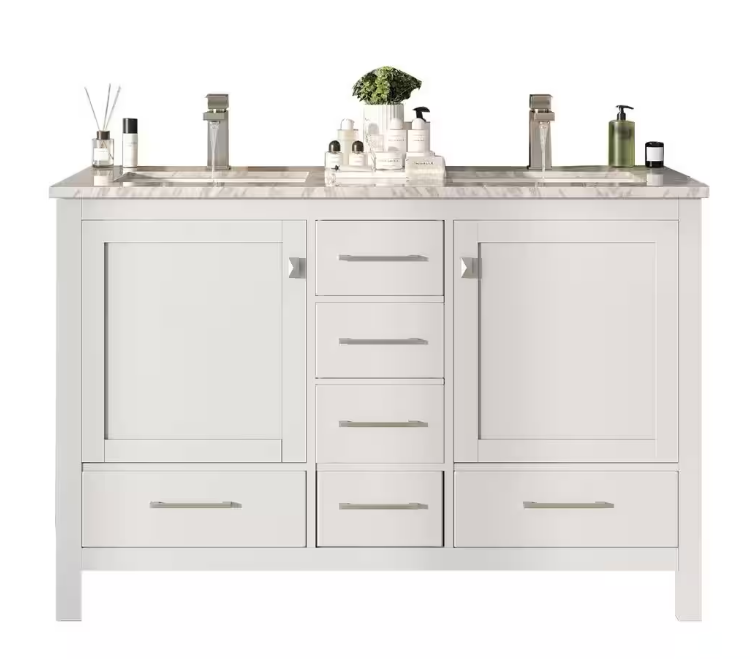 London 48 in. W x 18 in. D x 34 in. H Double Bathroom Vanity in White with White Carrara Marble Top with White Sinks
