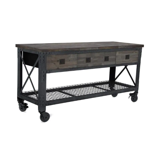72 in. x 24 in. 3-Drawer Rolling Industrial Workbench with Wood Top, Aged Espresso